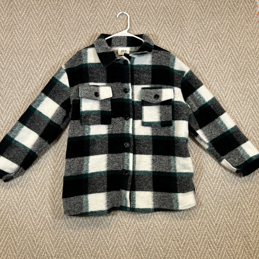 BKE Jacket Womens Large Green Buffalo Plaid Wool Blend Shacket Shirt Y2K